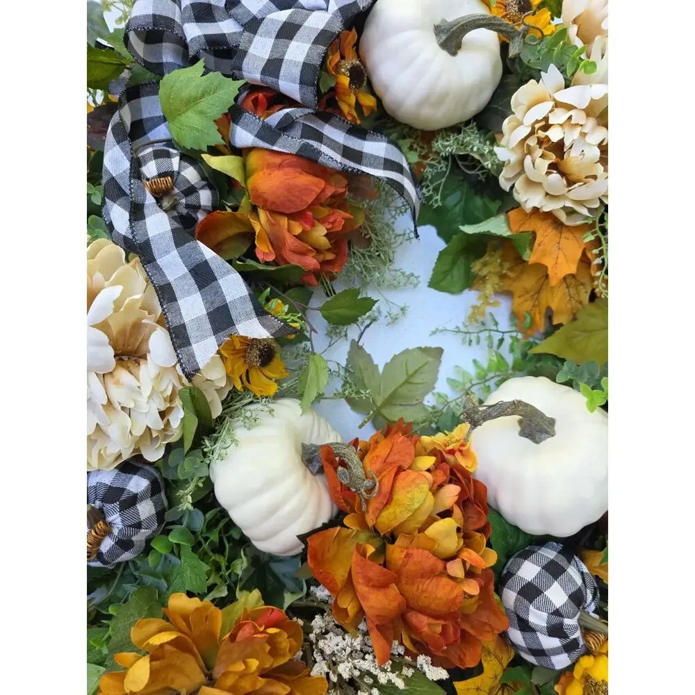 Large Buffalo plaid fall wreath-white pumpkin wreath, lambs ear wreath